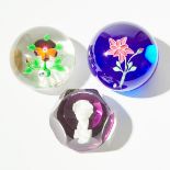 Baccarat Dupont Pansy, Clematis, and Sulphide Glass Paperweights, c.1930/1973, largest diameter 3 in