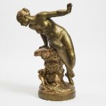 Patinated Terracotta Figure of a Bather Seated on a Rock Observing Doves, after Benoit Rougelet (Fre