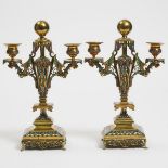 Pair of French Aesthetic Movement Champlevé Enamelled Gilt Bronze Two-Light Candelabra, c.1870, 12.5