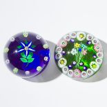 Paul Ysart (Scottish, 1904-1991), Two Flower and Millefiori Glass Paperweights, c.1970, diameter 2.8