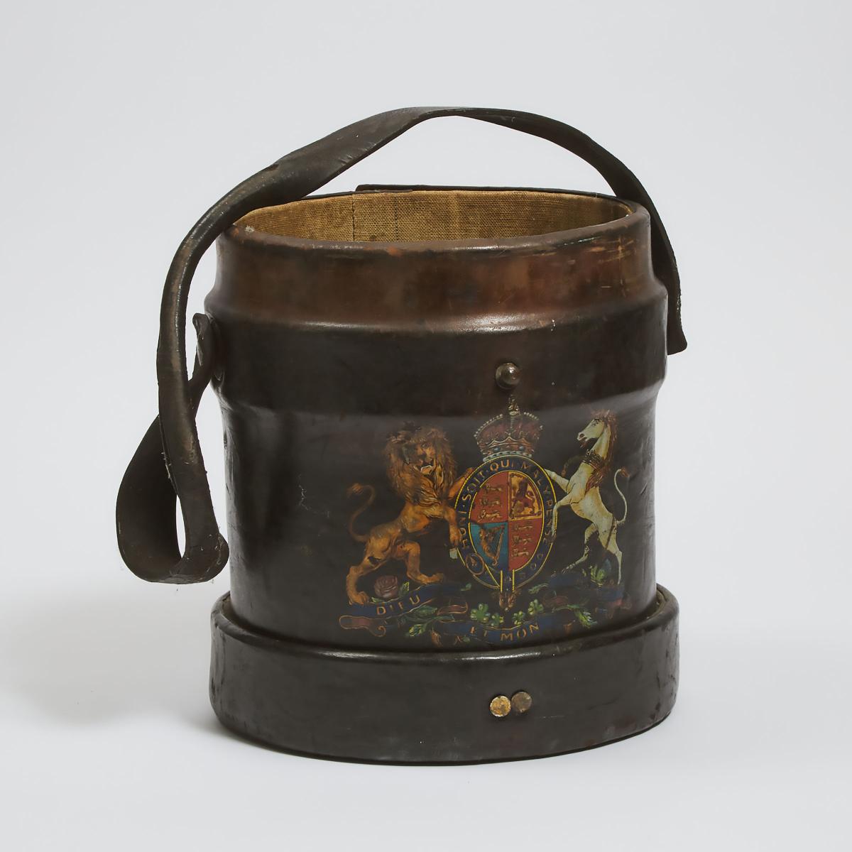 WWII British Royal Artillery Leather Shot Bucket, March, 1940, height 13.4 in — 34 cm