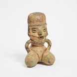 Pre-Columbian Polychrome Painted Pottery Kneeling Figure, possibly Nicoya, Costa Rica, 800-1200 AD,