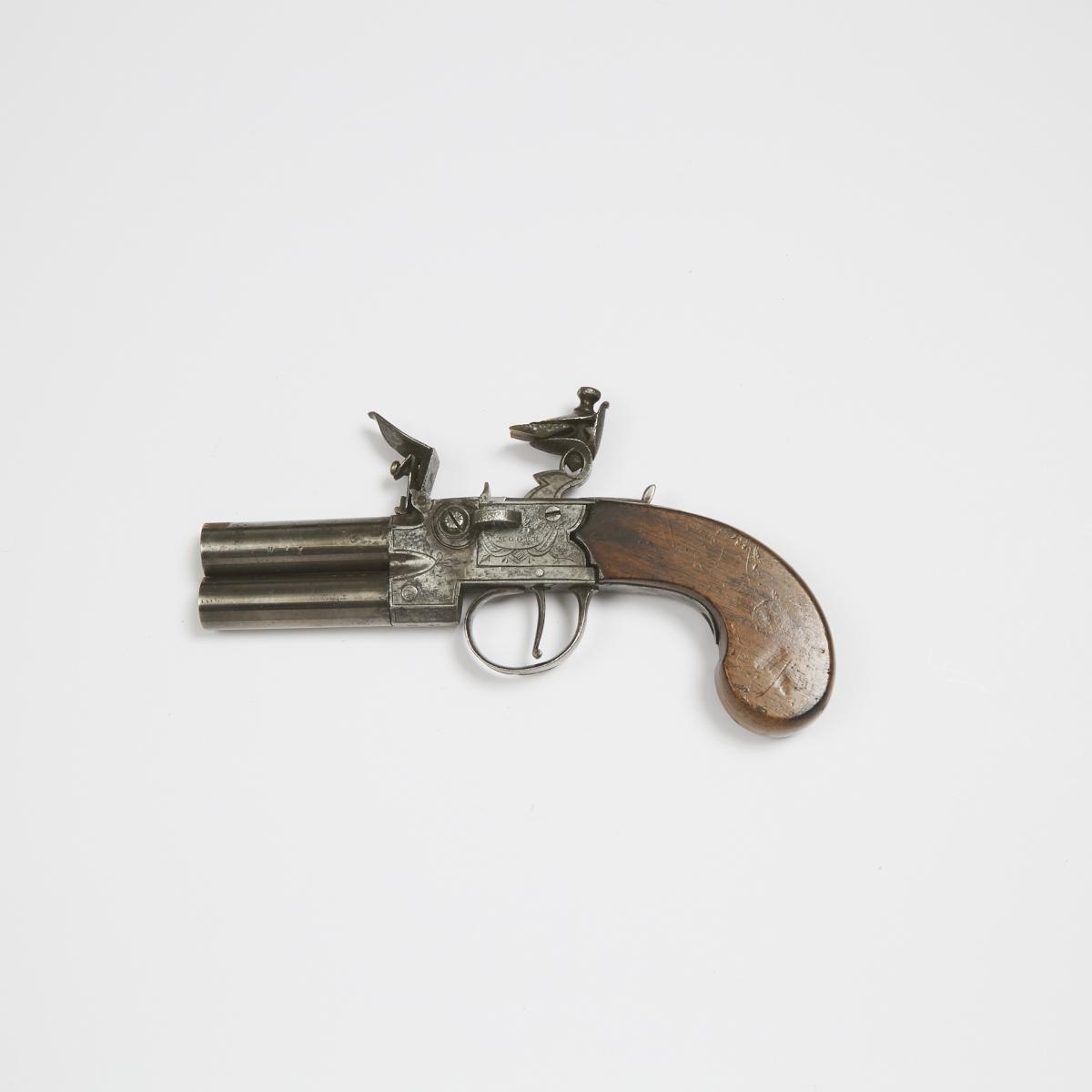 British Over-and-Under Double Barrel Flint-Boxlock Pocket Pistol, Moore, Chichester, late 18th/early - Image 2 of 3