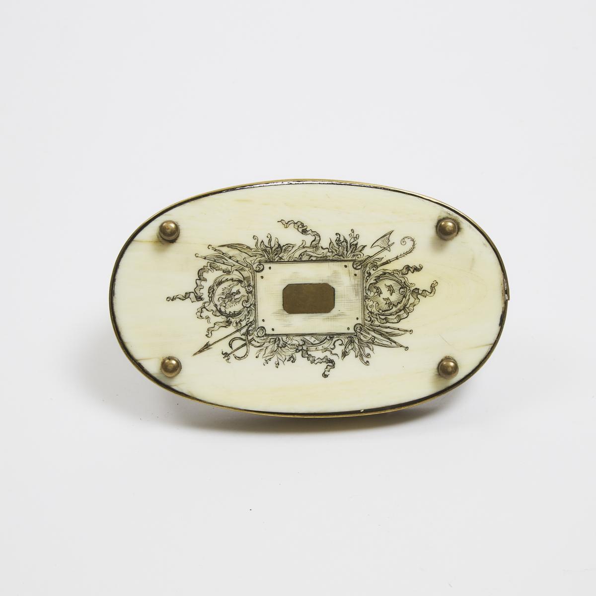 English Brass Mounted Engraved Ivory Desk Top Sundial, late 19th century, 2.75 in — 7 cm, length 5 i - Image 3 of 3