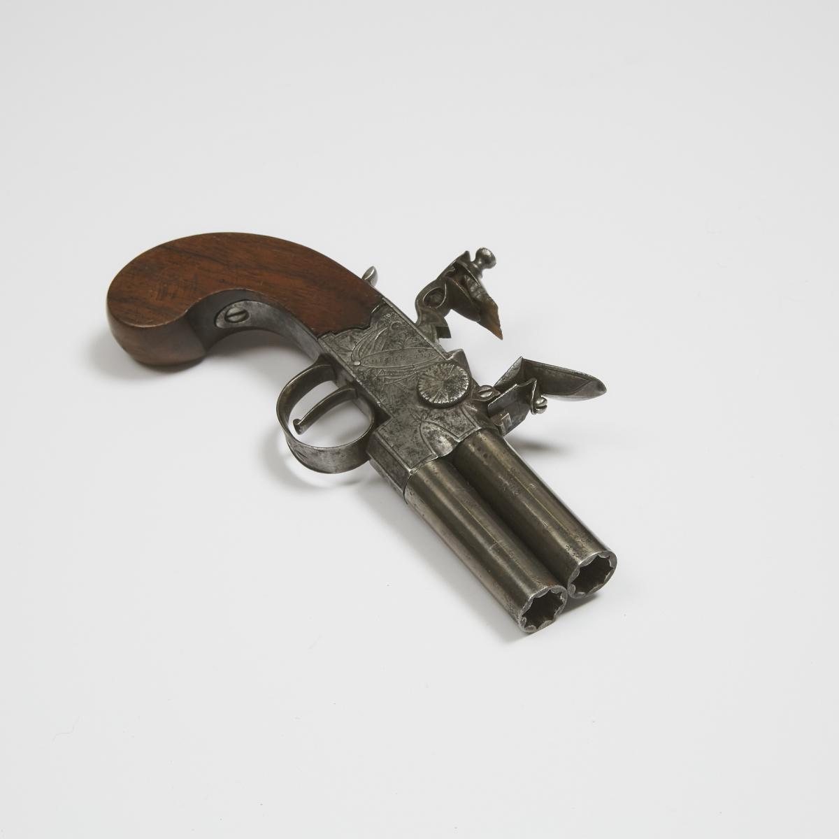 British Over-and-Under Double Barrel Flint-Boxlock Pocket Pistol, Moore, Chichester, late 18th/early - Image 3 of 3
