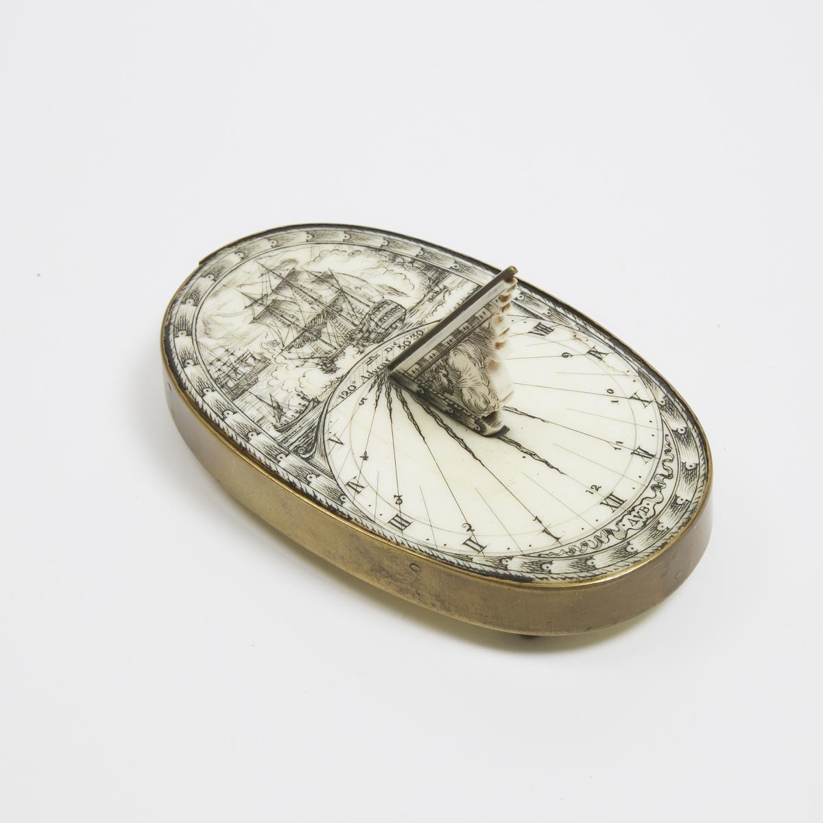 English Brass Mounted Engraved Ivory Desk Top Sundial, late 19th century, 2.75 in — 7 cm, length 5 i