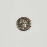 Ancient Coinage, ROMAN CAECILIA METELLUS AR DENARIUS, C.128 BC, approx. diameter .7 in — 1.8 cm