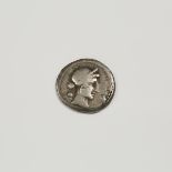 Ancient Coinage, ROMAN JULIUS CÆSAR AR DENARIUS, C.45 B.C., approx. diameter 0.7 in — 1.8 cm