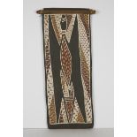 Australian Aboriginal Polychrome Eucalyptus Bark Butterfly Painting, 20th century, 18.75 x 7.5 in —