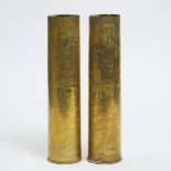 Pair of WWI Propaganda Trench Art Decorated 'French 75' Field Gun Shell Casings, c.1915, height 13.8