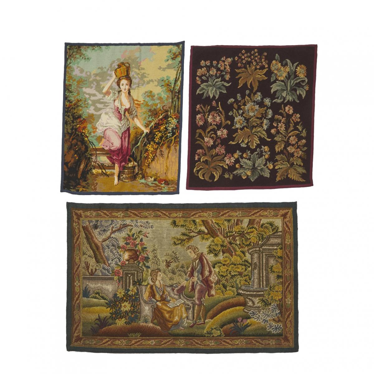 Three Continental Needlework Embroideries, 20th century, 2 ft 7 ins x 4 ft 1 ins — 0.8 m x 1.2 m; 2