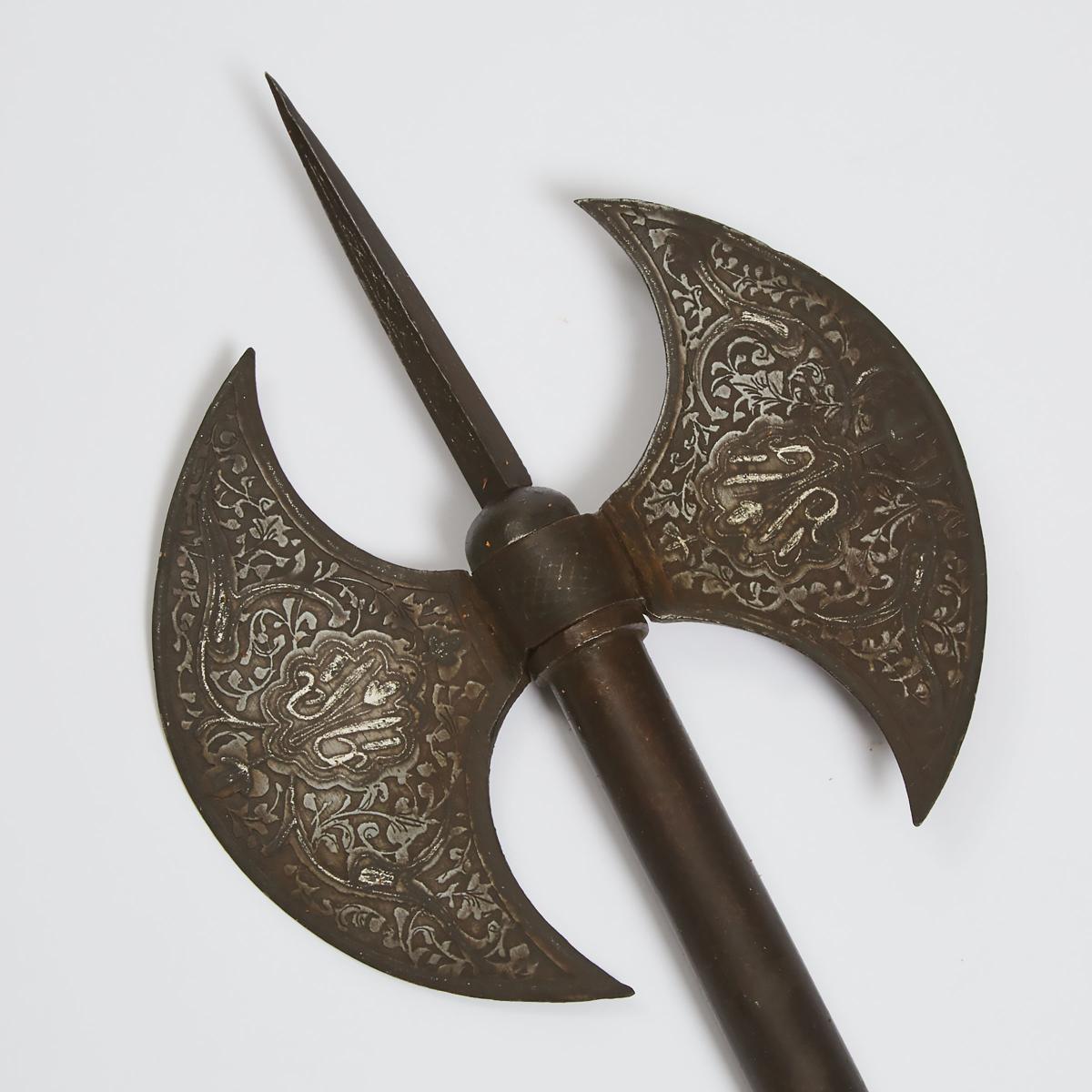 Indo-Persian Silver Damascened Double Headed Processional Tabar (Battle Axe), 19th century - Image 3 of 3