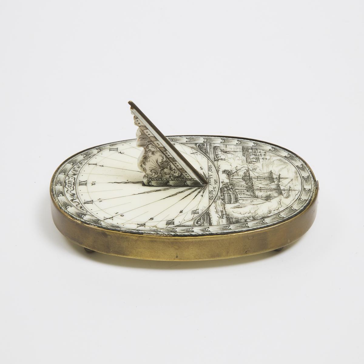 English Brass Mounted Engraved Ivory Desk Top Sundial, late 19th century, 2.75 in — 7 cm, length 5 i - Image 2 of 3