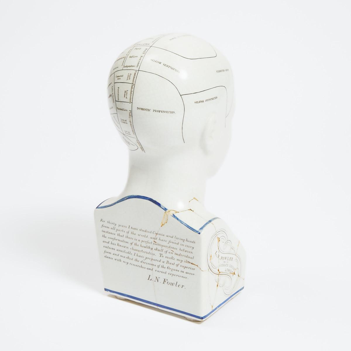 Lorenzo Niles Fowler Ceramic Phrenology Head and Two Related Books, early-mid 19th century, height 1 - Image 2 of 3