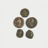 Ancient Coinage, GROUP OF FIVE ROMAN BRONZE COINS, largest diameter 1 in — 2.5 cm