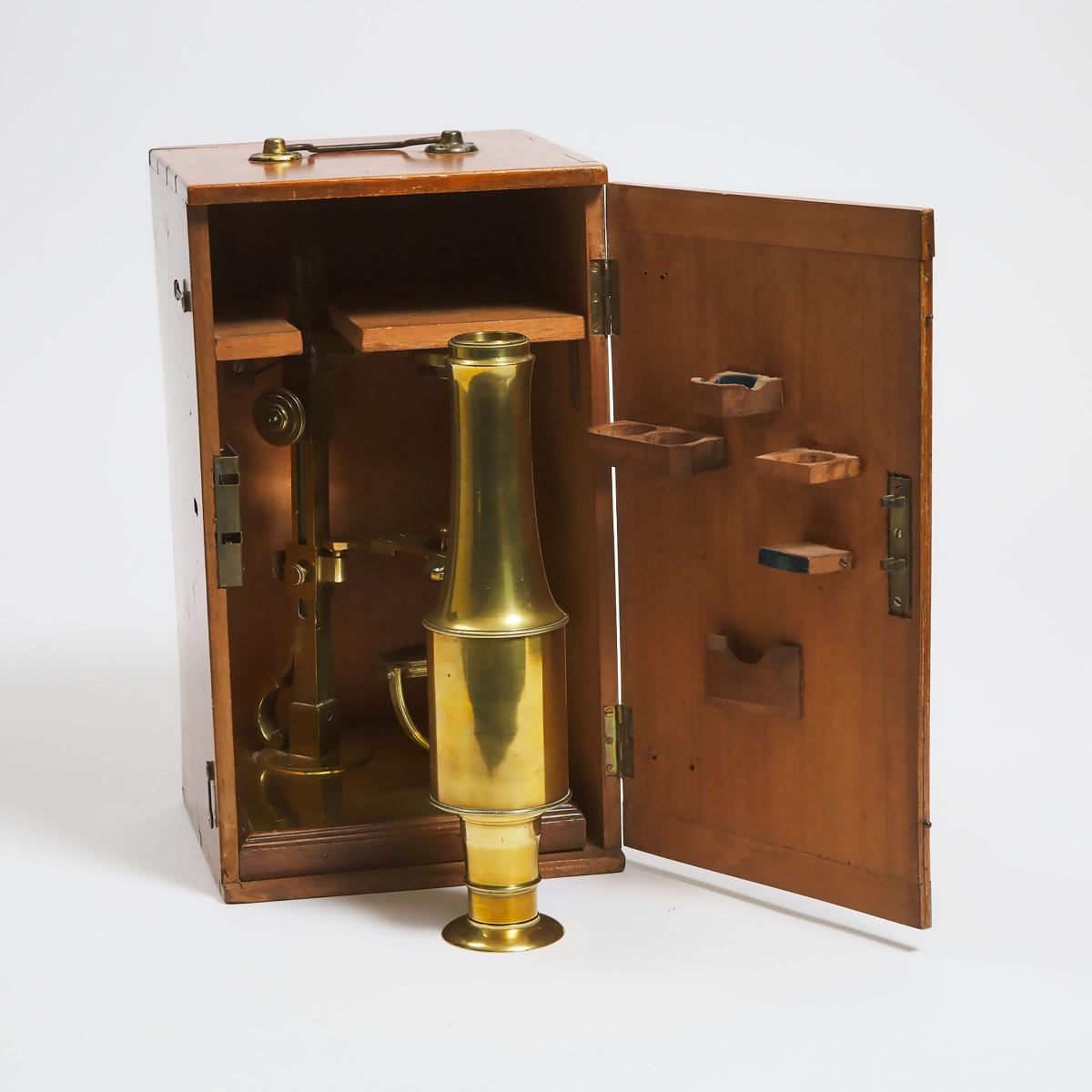 Lacquered Brass Monocular Compound Microscope, c.1830, adjustable height 20 in — 50.8 cm - Image 2 of 2