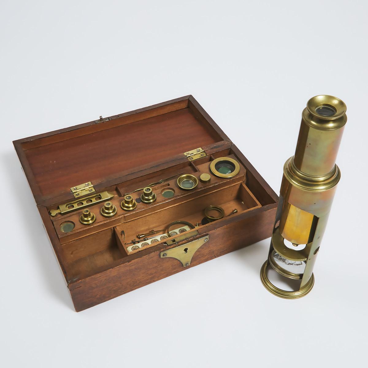 Victorian Lacquered Brass Culpepper Type Microscope, mid 19th century, instrument mid height 11 in —