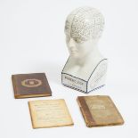 Lorenzo Niles Fowler Ceramic Phrenology Head and Two Related Books, early-mid 19th century, height 1