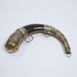 Moroccan Nickel Silver, Copper and Brass Mounted Powder Horn, early 20th century, width 13.5 in — 34