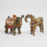 Indian Patchwork Textile Bull and Horse, possibly Rajastan, mid 20th century, Bull 12 x 15 x 7 in —