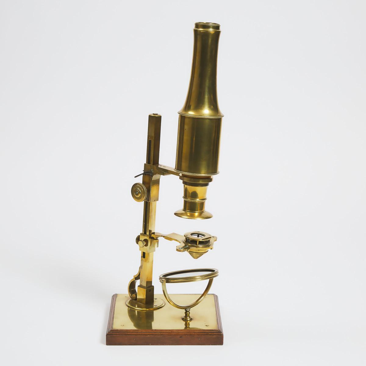 Lacquered Brass Monocular Compound Microscope, c.1830, adjustable height 20 in — 50.8 cm