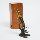 Small Lacquered and Black Enamelled Brass Compound Field Microscope, early 20th century, 10 x 4.5 x