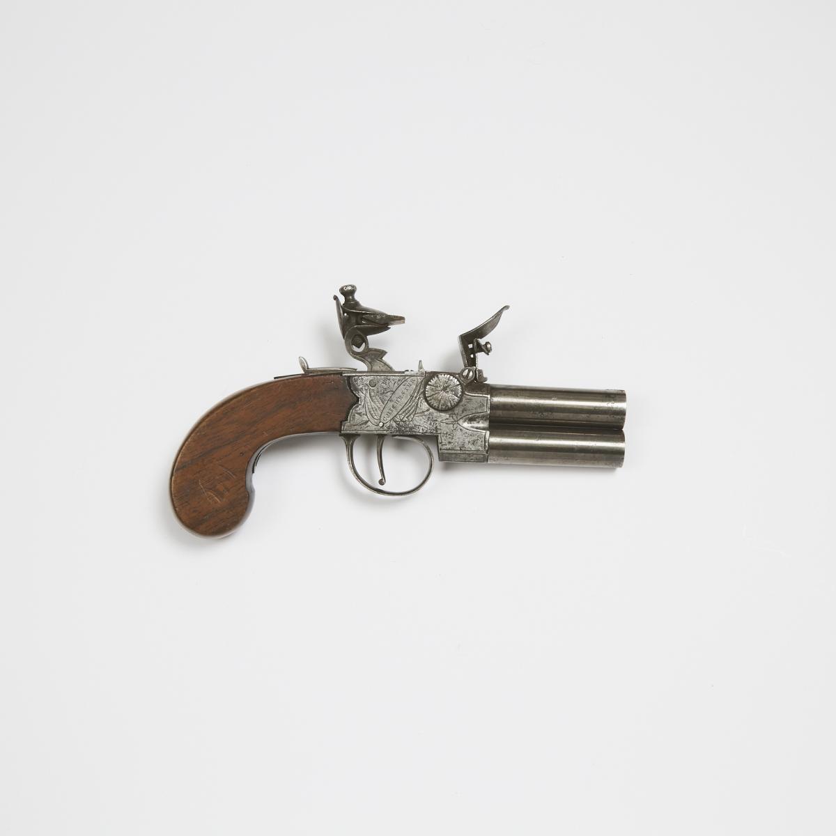 British Over-and-Under Double Barrel Flint-Boxlock Pocket Pistol, Moore, Chichester, late 18th/early