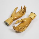 Pair of French Artist's Articulated Wooden Hand Models, early-mid 20th century, length 9.5 in — 24.1
