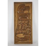 Haida Relief Carved Wood Plaque by R. Thomas, Vancouver, BC, late 20th century, EAGLE, SALMON, 34.25