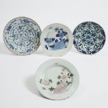 Four English Delft Plates, 18th century, largest length 10 in — 25.4 cm (4 Pieces)