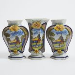 Three Piece Dutch Delft Polychrome Vase Garniture, late 19th century, tallest height 9 in — 22.9 cm