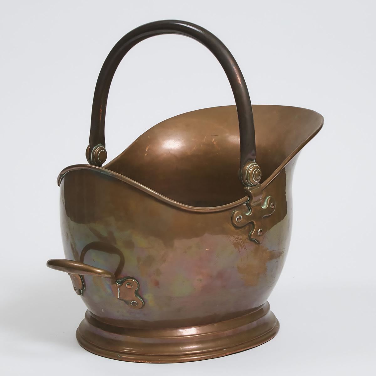 Victorian Copper Helmet Form Coal Hod, ealry-mid 19th century, handle up height 16 in — 40.6 cm - Image 2 of 3
