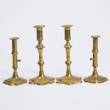 Two Pairs of English Brass Adjustable Candlesticks, 18th century, diameter 9.1 in — 23 cm