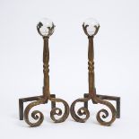 Pair of Glass Orb Mounted Wrought Iron Andirons, 19th century, height 18.6 in — 47.2 cm