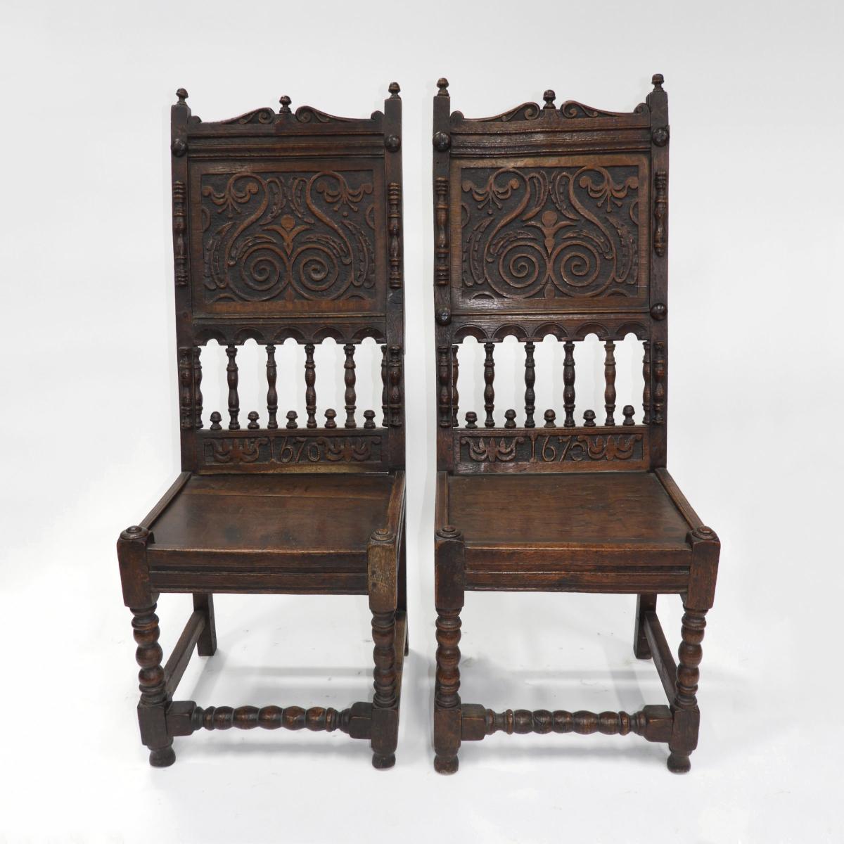 Pair of English Oak Joined Backstools, 1670, height 47 in — 119.4 cm (2 Pieces)