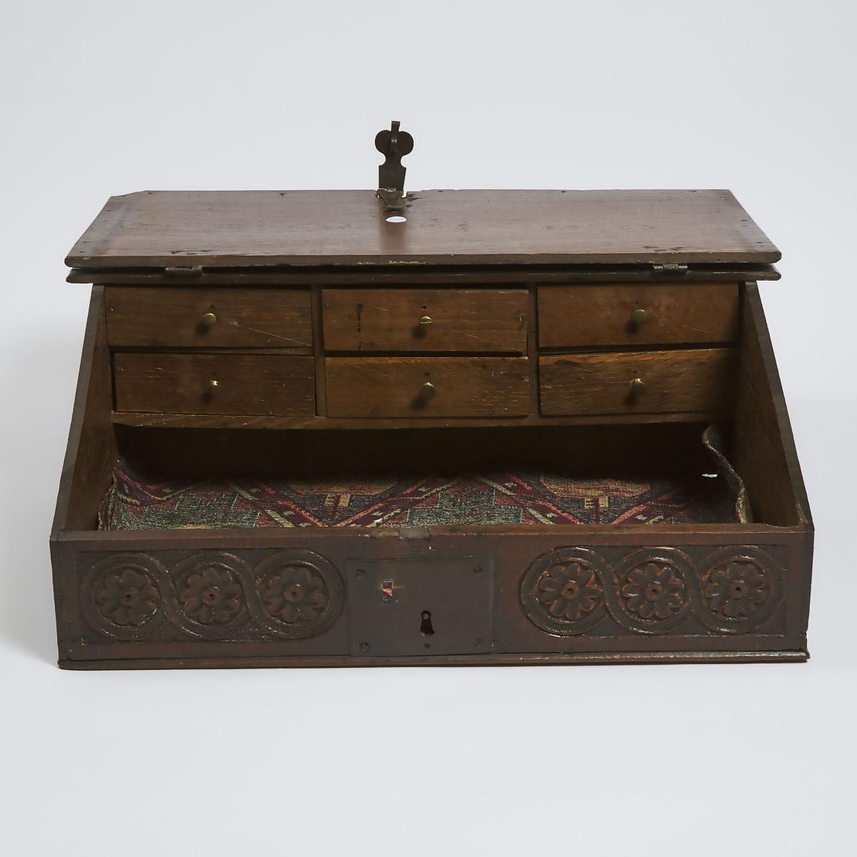 English Oak Slant Front Document Box, early 17th/early 18th century, 9.25 x 24.5 x 16 in — 23.5 x 62 - Image 2 of 3