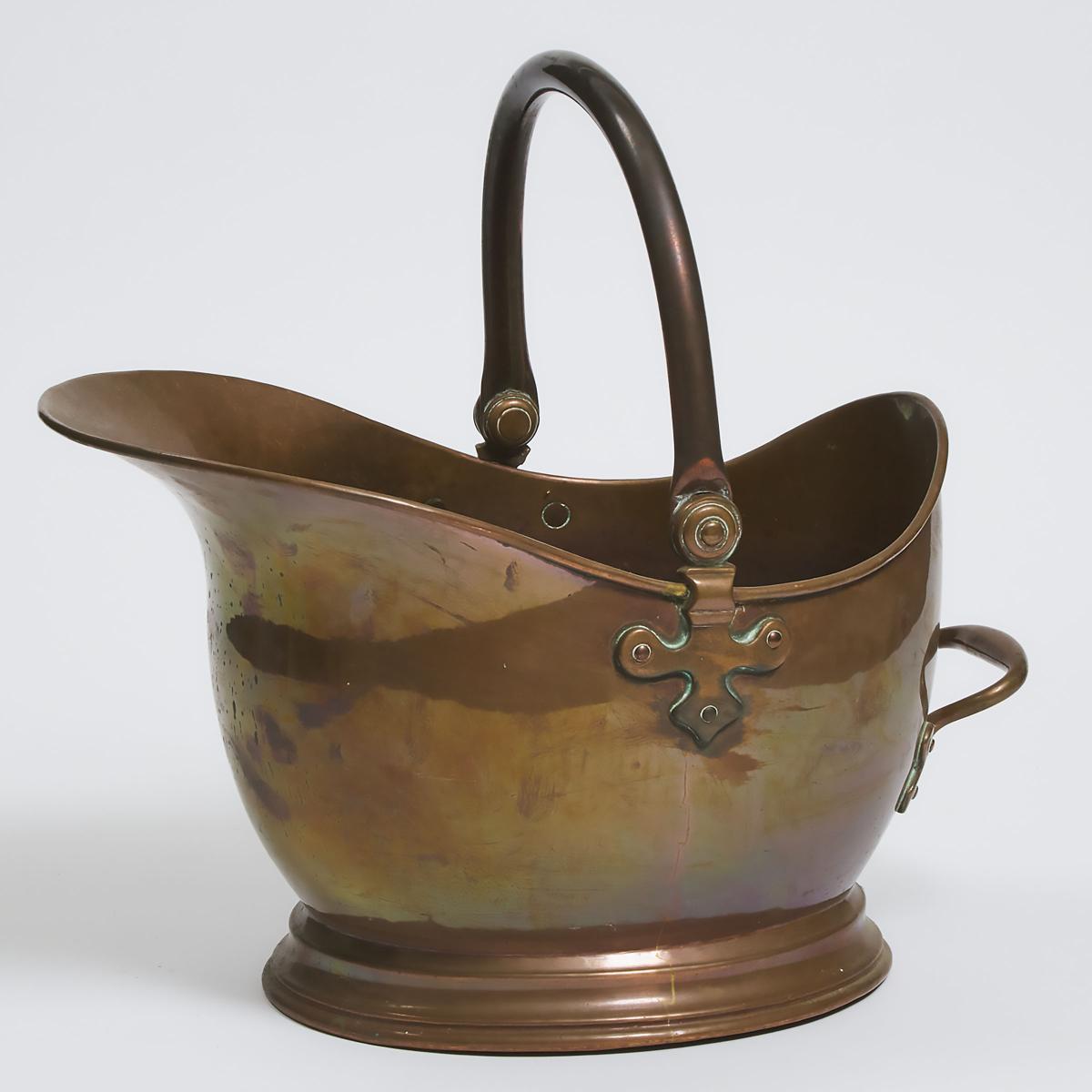 Victorian Copper Helmet Form Coal Hod, ealry-mid 19th century, handle up height 16 in — 40.6 cm