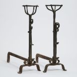 Matched Pair of Wrought Iron Basket Top 'Spitdog' Andirons,, height 25 in — 63.5 cm