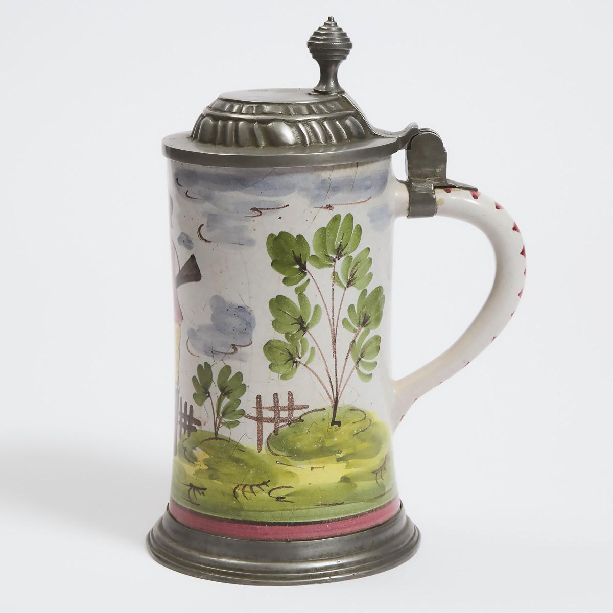 German Pewter Mounted Delft Pottery Stein, 19th century, height 10 in — 25.4 cm