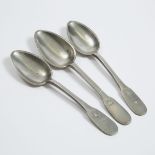 Three Canadian Pewter Table Spoons, Thomas Menut, Montreal, early 19th century, length 8.7 in — 22 c
