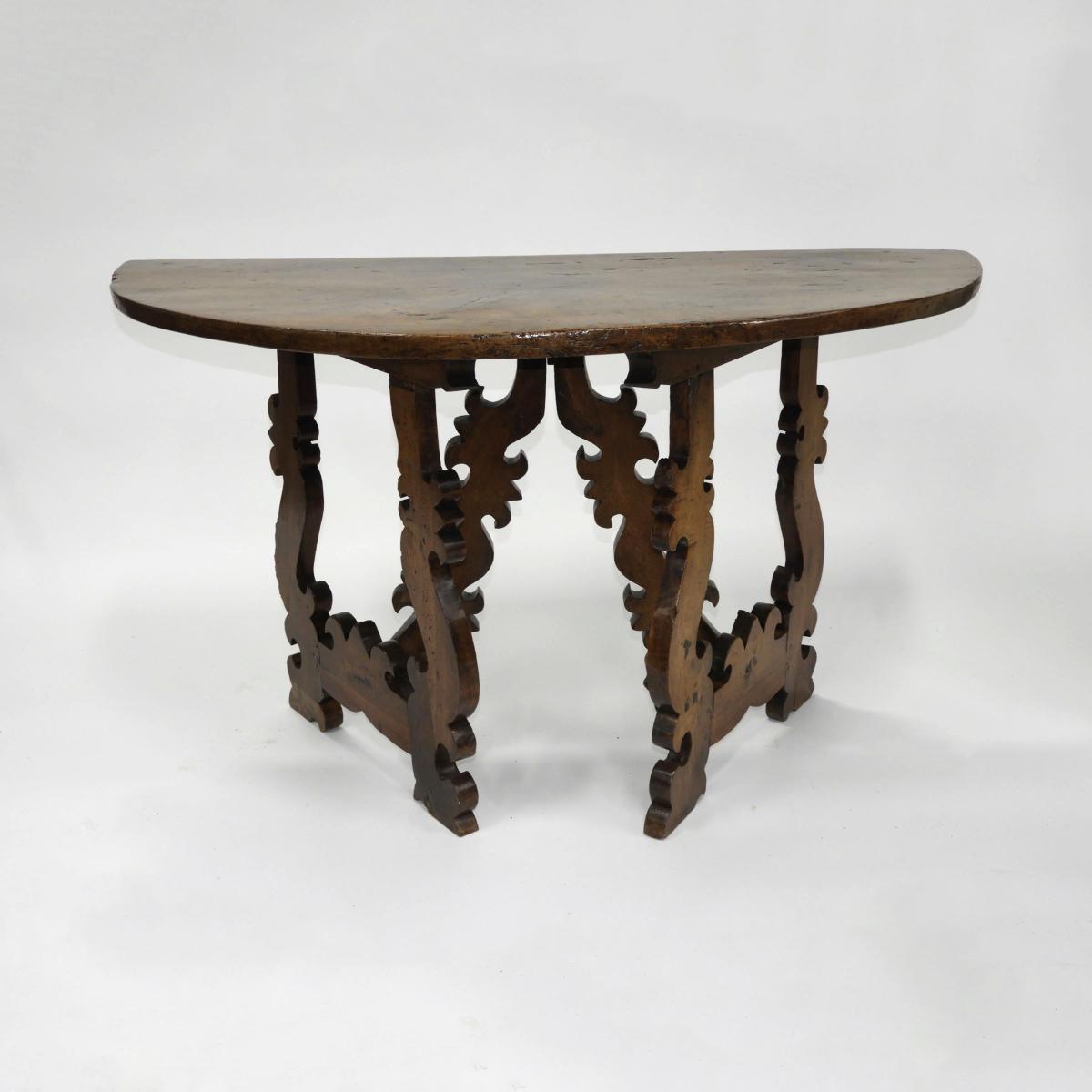 Spanish Baroque Walnut Demilune Console Table, late 17th century, 29.5 x 52 x 25.25 in — 74.9 x 132.