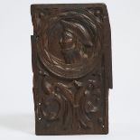 English Relief Carved Oak Romayne Panel, c.1530, 12.5 x 7.75 in — 31.8 x 19.7 cm