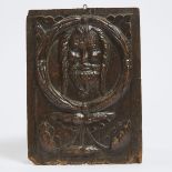 Relief Carved Oak Panel With a Mask of Jesus Within a Wreath, 16h century