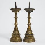 Large Pair of Netherlandish Brass Pricket Candlesticks, 1570-1600, height 17.25 in — 43.8 cm