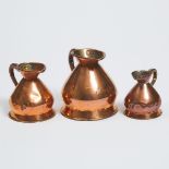 Three Graduated Copper Haystack Measures, 19th century, pint height 5 in — 12.7 cm