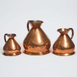 Three Graduated Copper Haystack Measures, 19th century, 1 gallon height 10.5 in — 26.7 cm