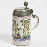 German Pewter Mounted Delft Pottery Stein, 1781, height 9.5 in — 24.1 cm