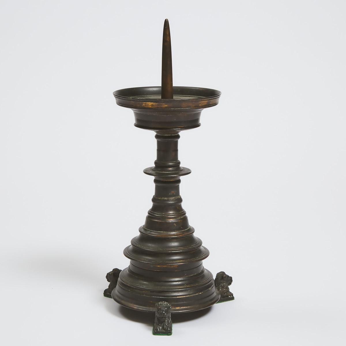 Netherlandish 17th Century Style Brass Pricket Candlestick, 19th century, height 13 in — 33 cm