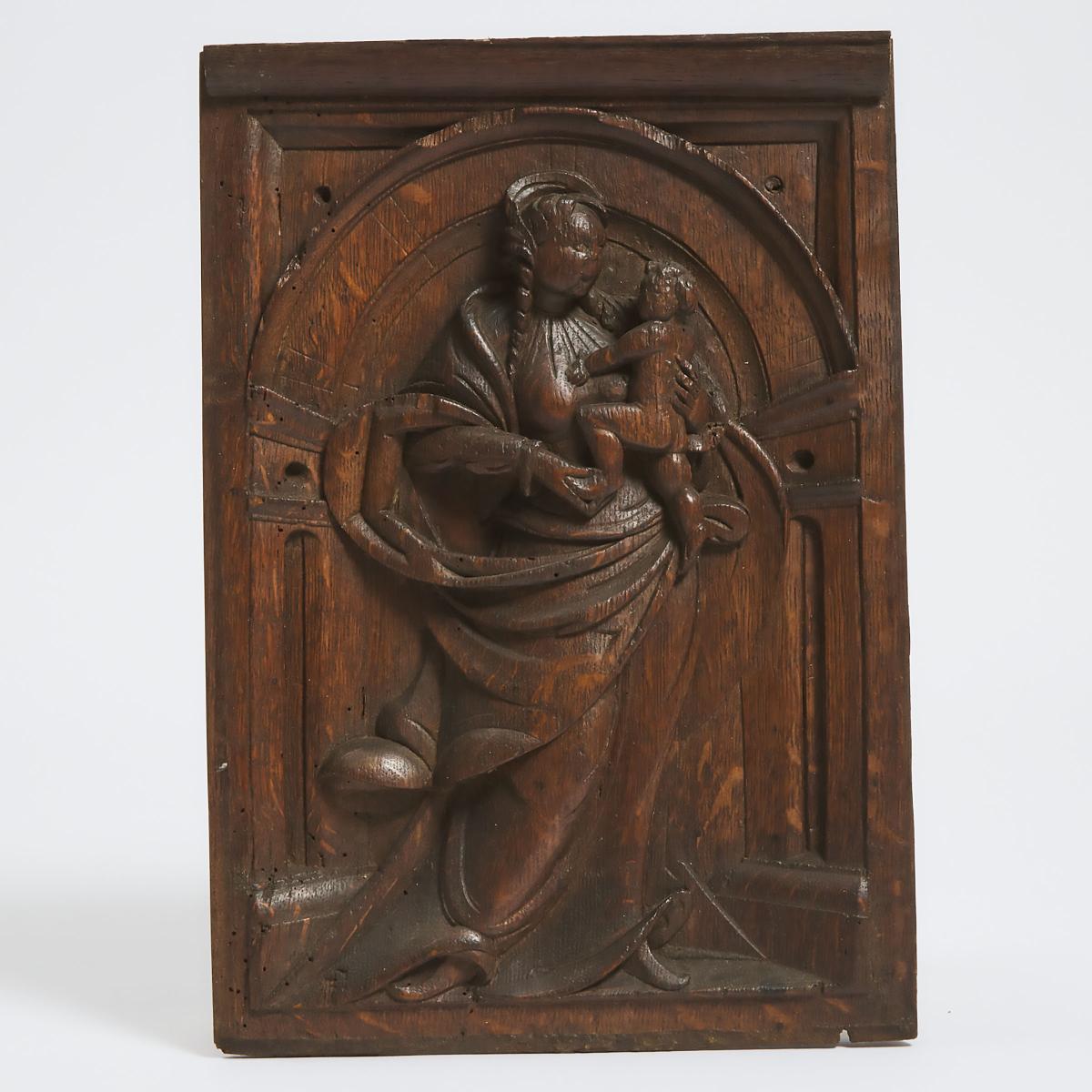 French Renaissance Relief Carved Oak Cupboard Panel of the Madonna and Child, 17th century, 13.6 x 9