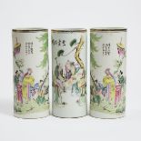 A Group of Three Famille Rose Porcelain Hat Stands, Early to Mid 20th Century, 民国 粉彩人物纹帽筒一组三件, heigh